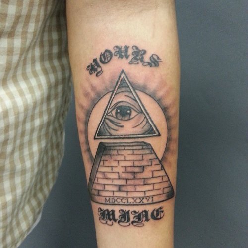 Grey Ink Pyramid And Illuminati Eye Tattoo On Left Arm